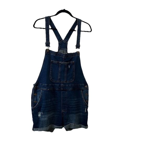 No Boundaries Shortall Womens XXL Blue Denim Bib Overalls Shorts Cuffed Hem - Picture 1 of 8